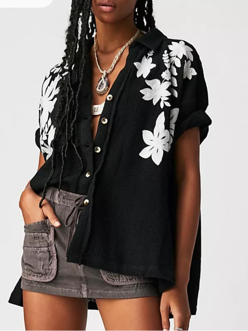 We The Free People Flowers Oversized Embroidered Shirt Black White Button Up